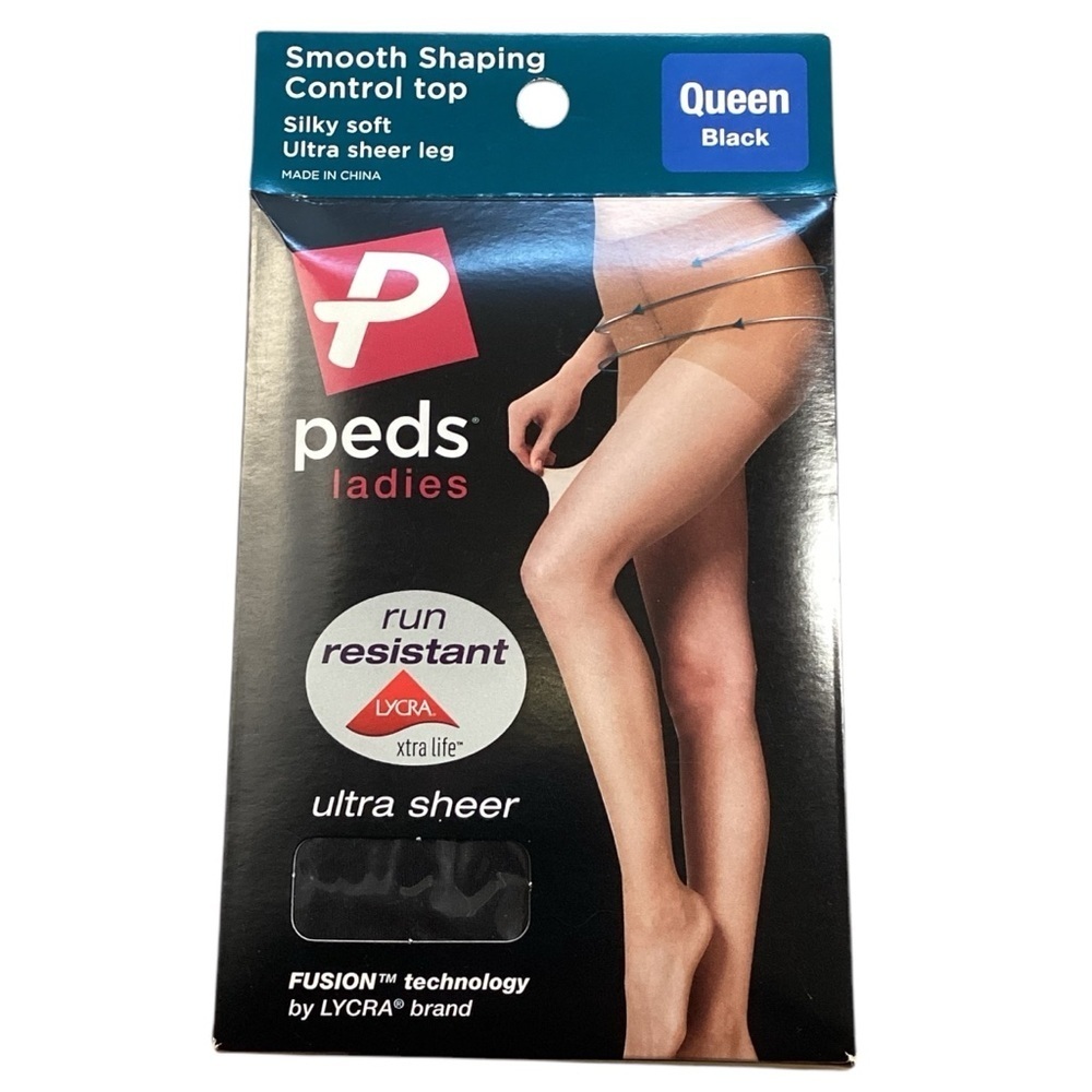 Peds Queen Size Black Silky Smooth Shaping Ultra Sheer Control Top Pantyhose NEW